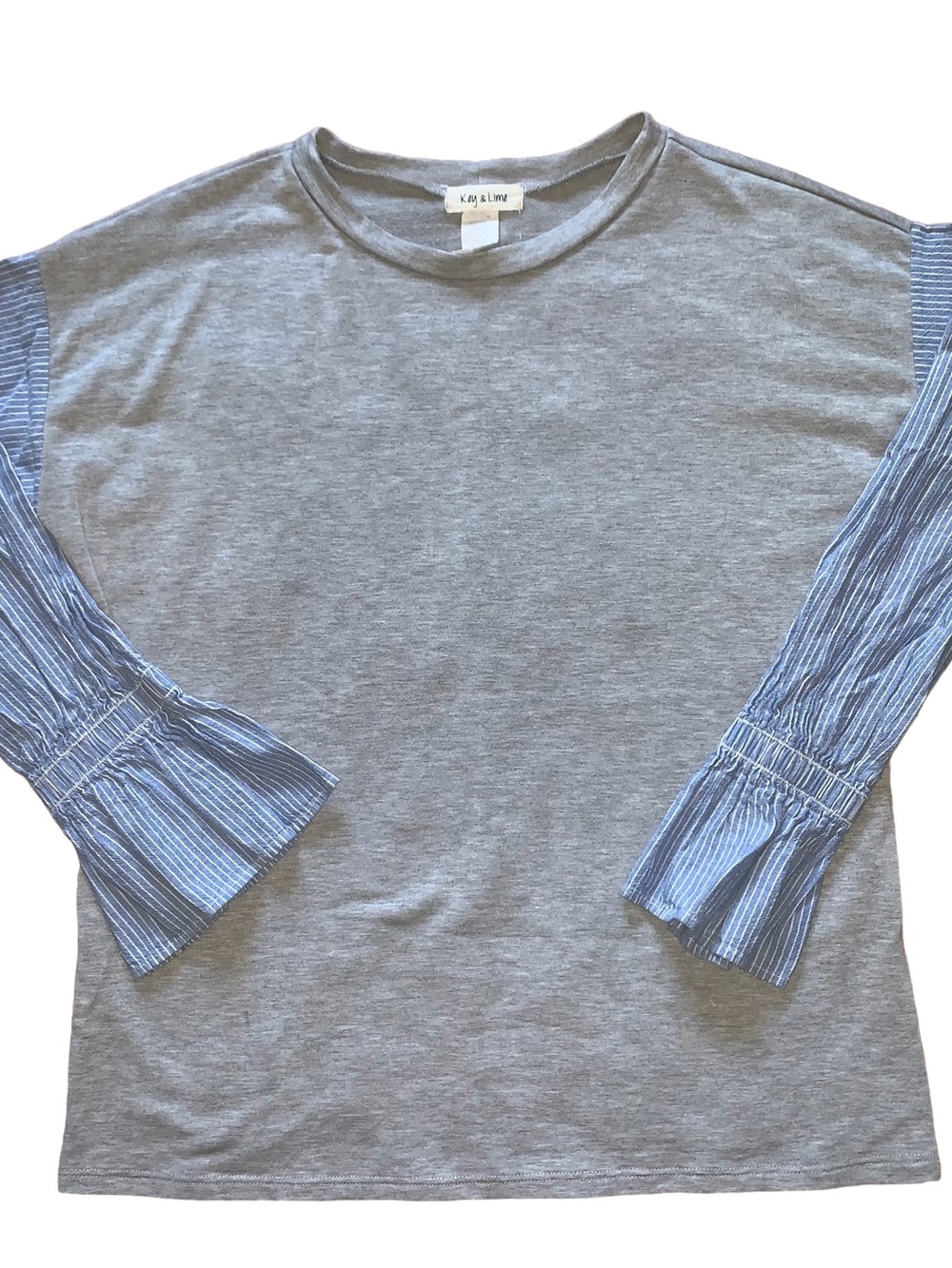 Gray Top with Blue Stripe Ruffle Sleeves
